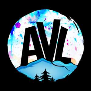 AVL (Asheville) merchandise design with mountains and trees.