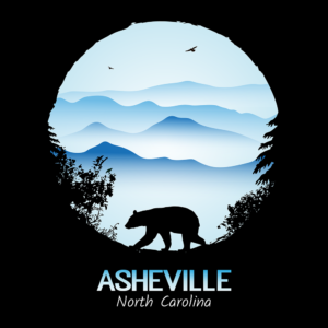 Asheville souvenir design with black bear and tree silhouette against the Blue Ridge Mountains of North Carolina.