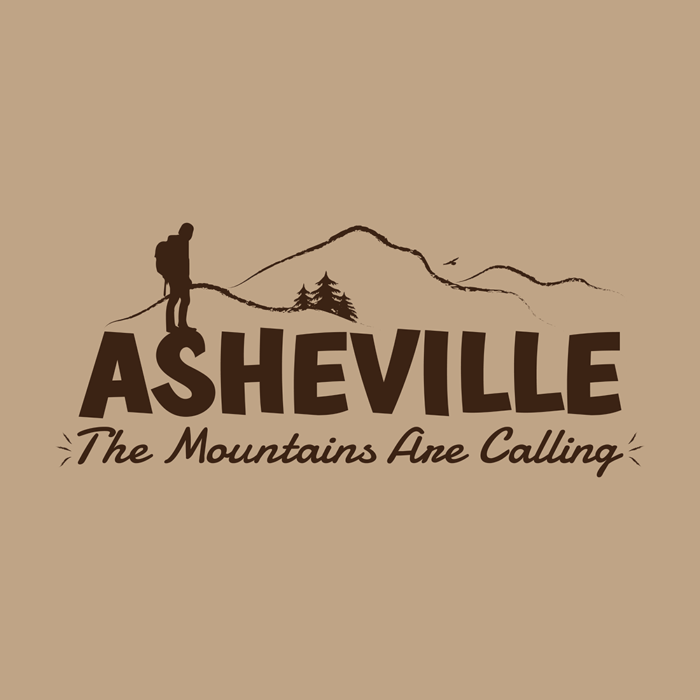 Asheville "The Mountains Are Calling" merchandise design of hiker, mountains, birds, and trees.