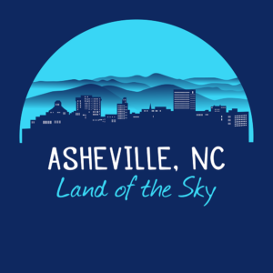 Asheville, North Carolina merchandise design with a cityscape against the Blue Ridge Mountains and Asheville's famous nickname"Land of the Sky." Asheville, North Carolina t-shirt design with hiker, mountains, birds, and trees.