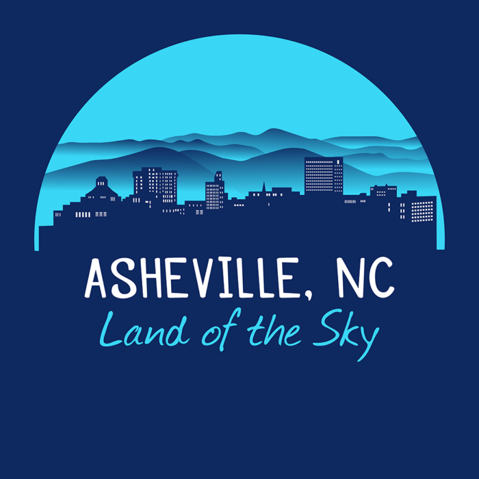 Asheville, North Carolina merchandise design with a cityscape against the Blue Ridge Mountains and Asheville's famous nickname"Land of the Sky." Asheville, North Carolina t-shirt design with hiker, mountains, birds, and trees.