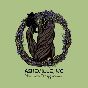Nature's playground Asheville, North Carolina merchandise design with a black bear in a tree surrounded by other animals and nature.
