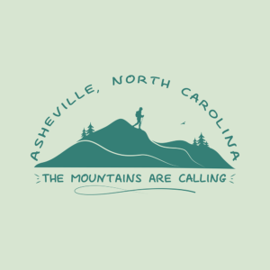 Asheville, North Carolina "the mountains are calling" merchandise design with hiker, mountains, birds, and trees.