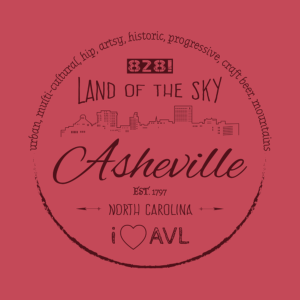Asheville, North Carolina word cloud design including the finest Asheville has to offer as well as nicknames: "Land of the Sky" and #828!".