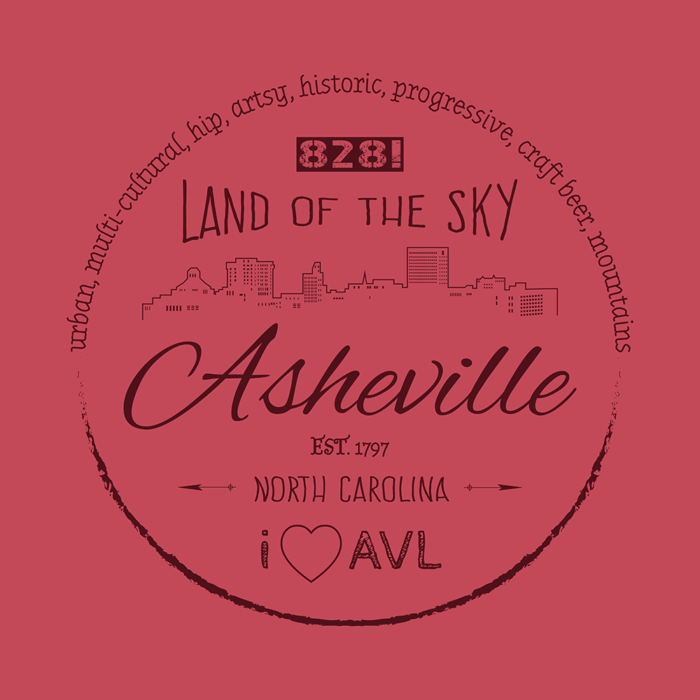 Asheville, North Carolina word cloud design including the finest Asheville has to offer as well as nicknames: "Land of the Sky" and #828!".