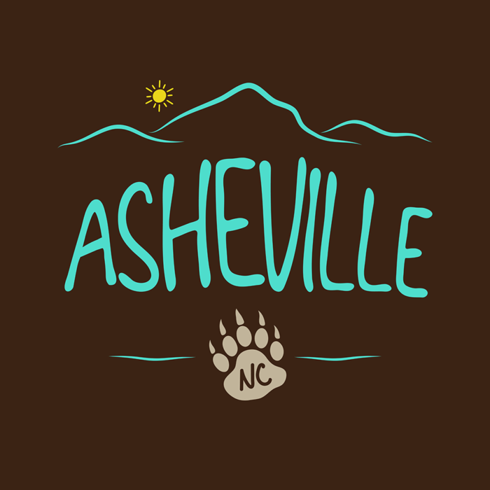 Asheville, NC design with mountains and a black bear paw print.