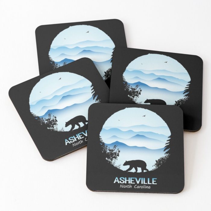 Asheville souvenir design with black bear and tree silhouette against the Blue Ridge Mountains of North Carolina.