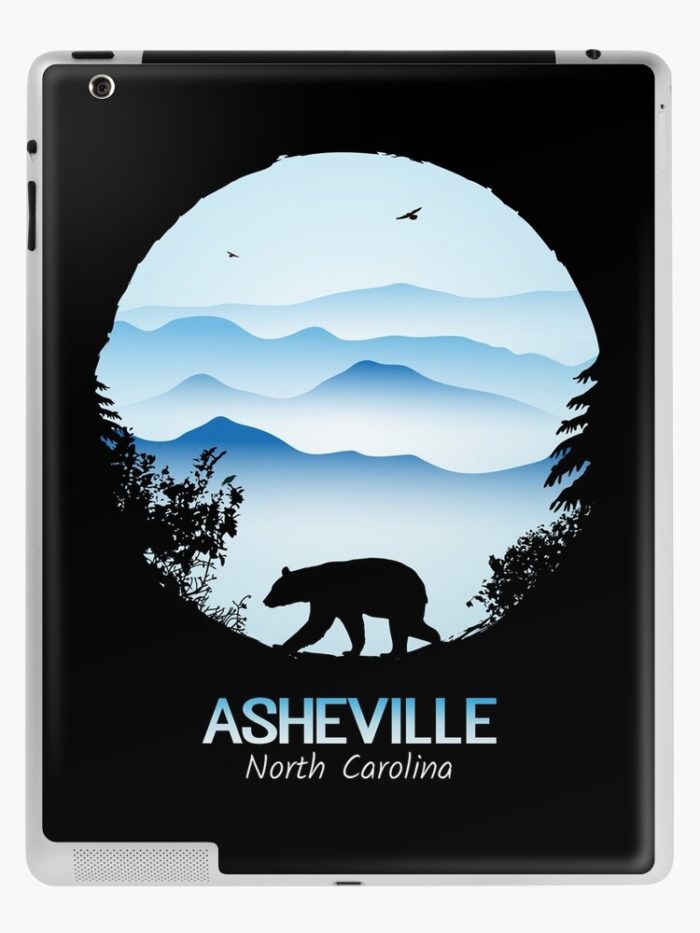 Asheville souvenir design with black bear and tree silhouette against the Blue Ridge Mountains of North Carolina.