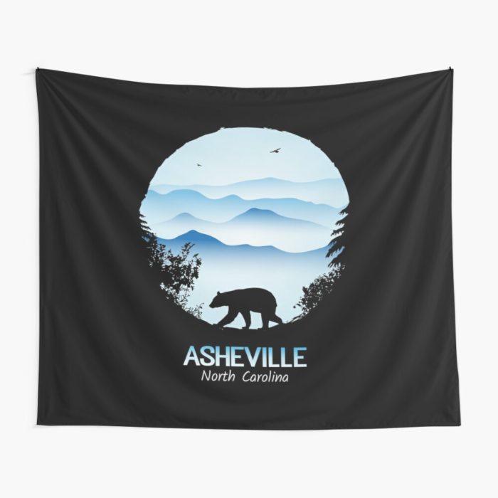 Asheville souvenir design with black bear and tree silhouette against the Blue Ridge Mountains of North Carolina.