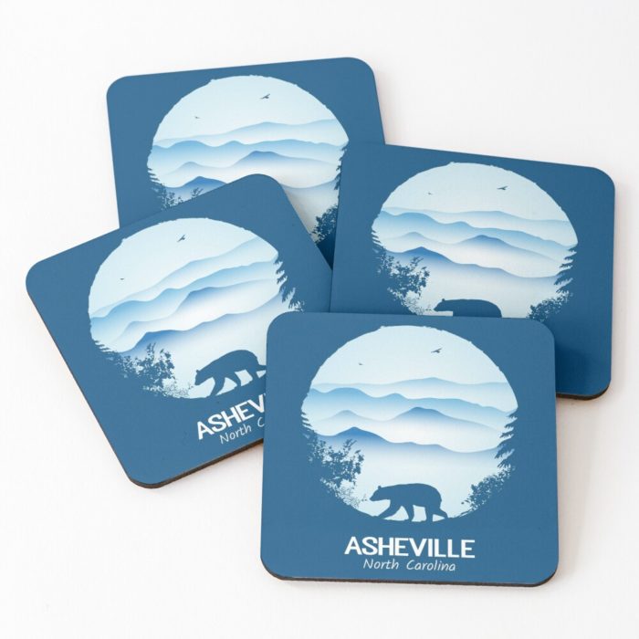 Asheville souvenir merchandise design with black bear and tree silhouette against the Blue Ridge Mountains of North Carolina.