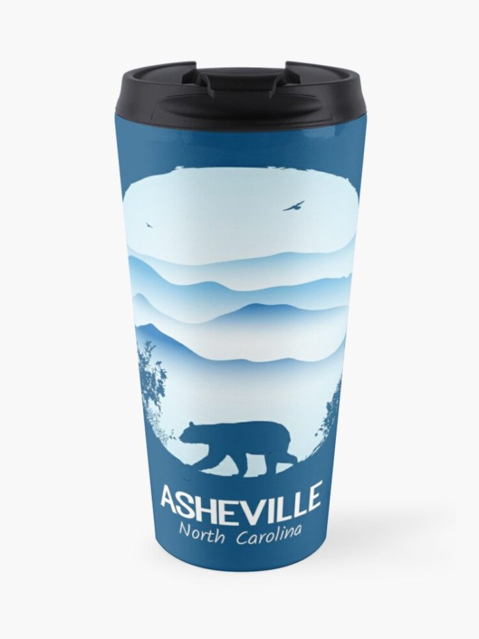 Asheville souvenir merchandise design with black bear and tree silhouette against the Blue Ridge Mountains of North Carolina.