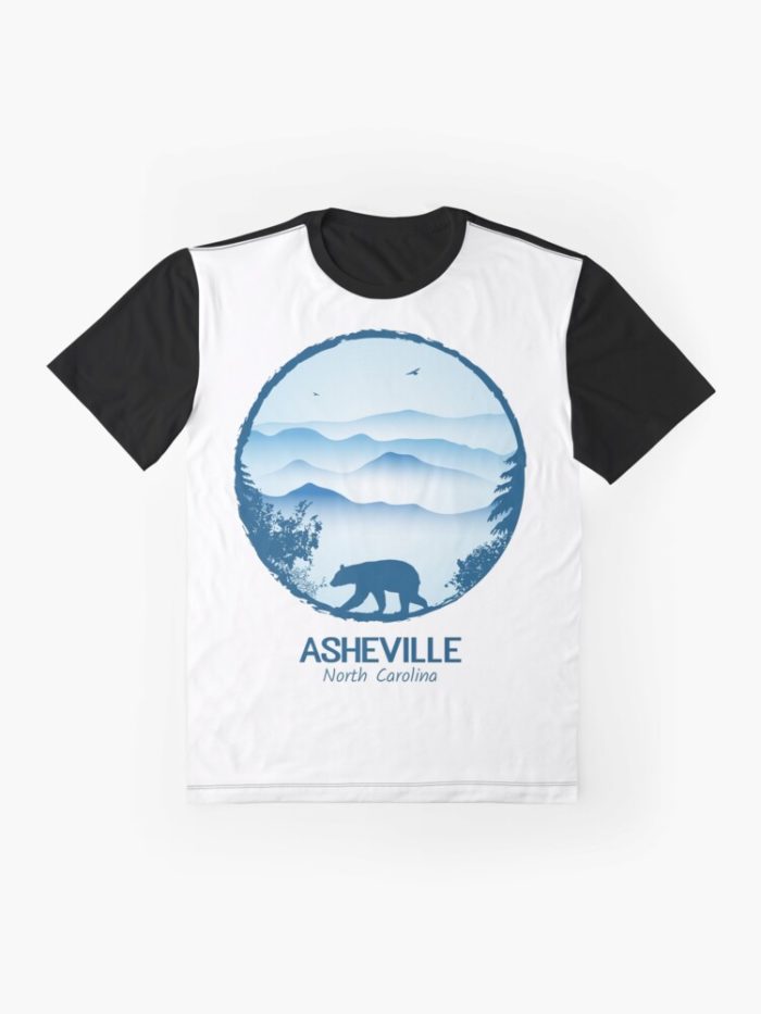 Asheville souvenir design with black bear and tree silhouette against the Blue Ridge Mountains of North Carolina.