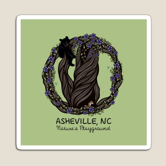 Nature's playground Asheville, North Carolina merchandise design with a black bear in a tree surrounded by other animals and nature.