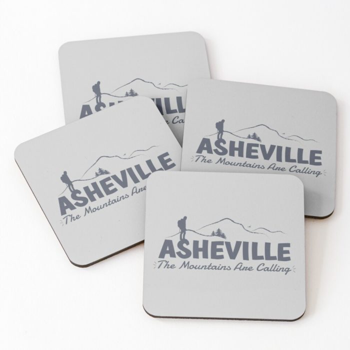 Asheville, North Carolina merchandise design with hiker, mountains, birds, and trees.