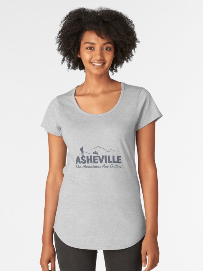 Asheville, North Carolina merchandise design with hiker, mountains, birds, and trees.