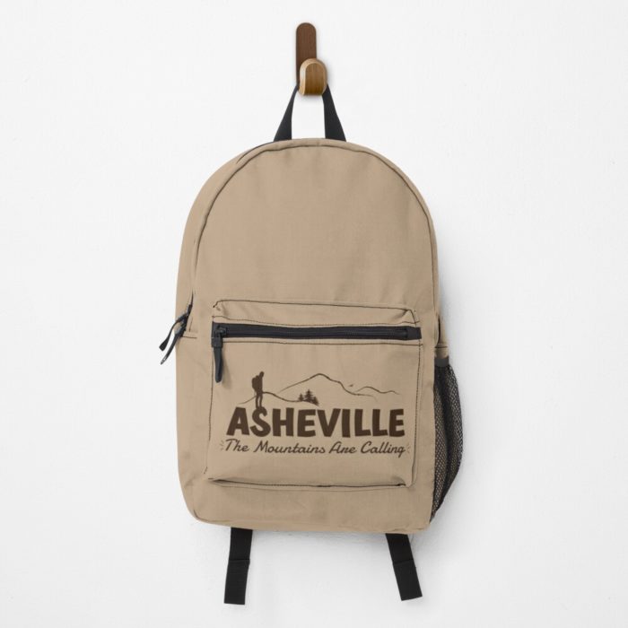 Asheville "The Mountains Are Calling" merchandise design of hiker, mountains, birds, and trees.