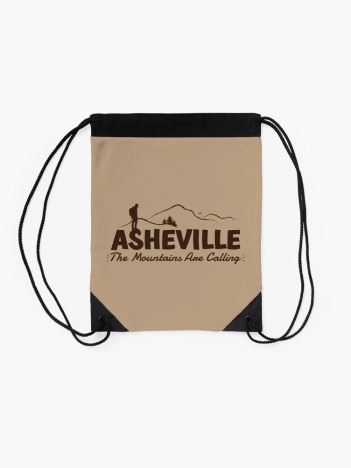 Asheville "The Mountains Are Calling" merchandise design of hiker, mountains, birds, and trees.