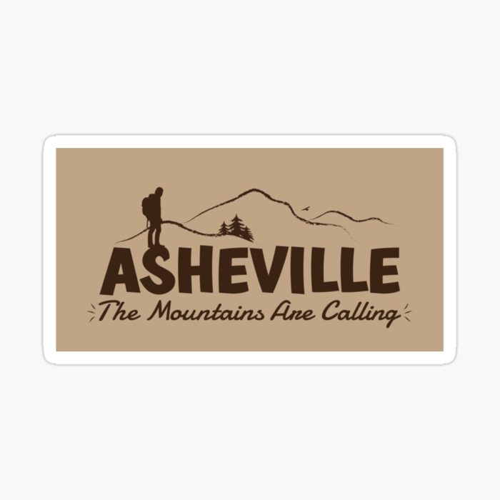 Asheville "The Mountains Are Calling" merchandise design of hiker, mountains, birds, and trees.