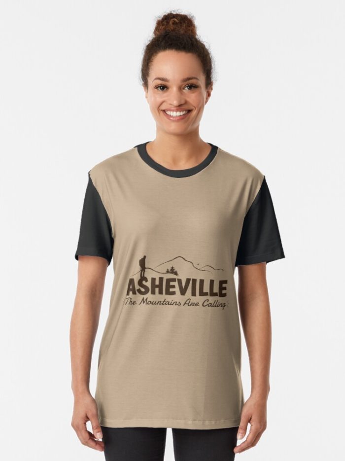 Asheville "The Mountains Are Calling" merchandise design of hiker, mountains, birds, and trees.