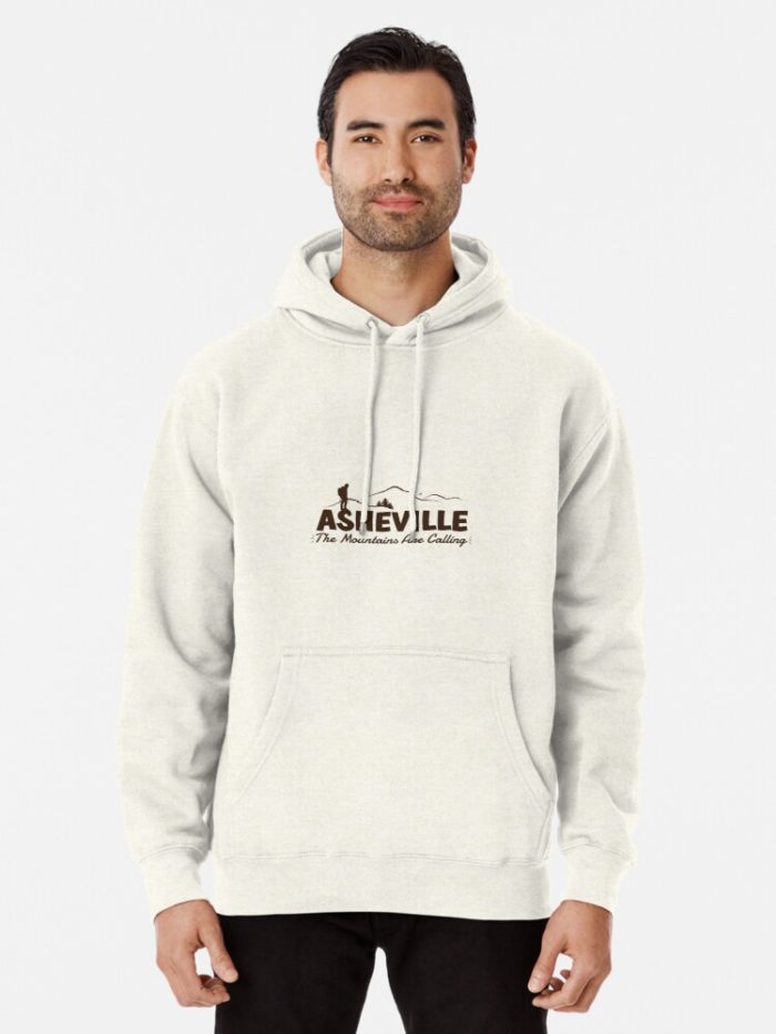 Asheville "The Mountains Are Calling" merchandise design of hiker, mountains, birds, and trees.