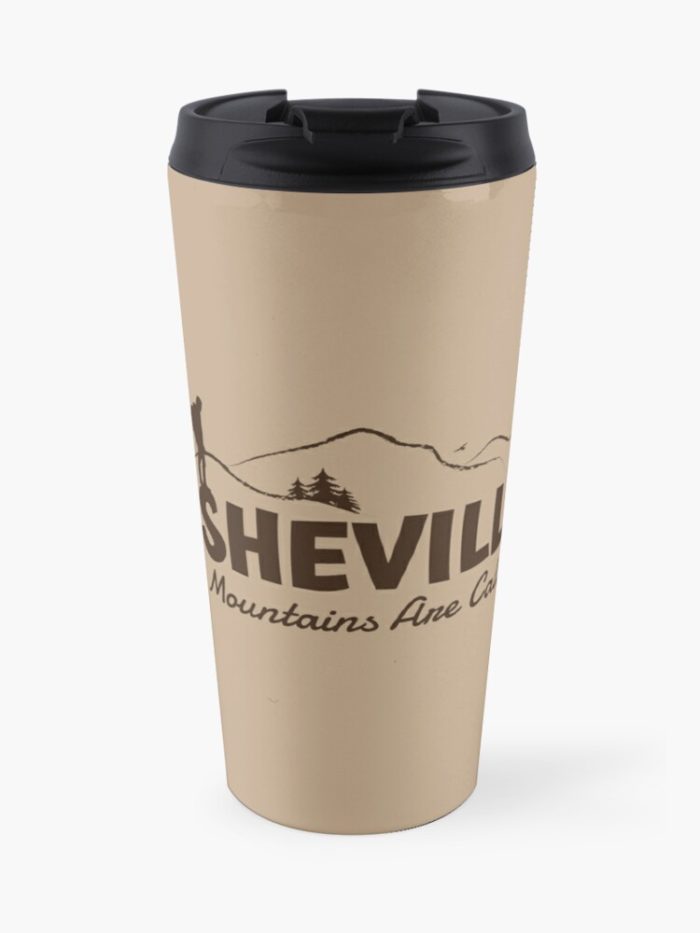 Asheville "The Mountains Are Calling" merchandise design of hiker, mountains, birds, and trees.