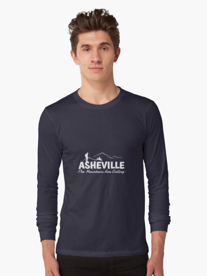 Asheville "The Mountains Are Calling" merchandise design of hiker, mountains, birds, and trees.