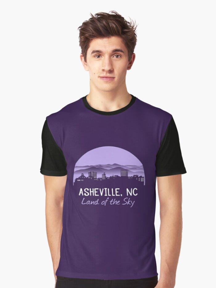 Asheville, North Carolina merchandise design with a cityscape against the Blue Ridge Mountains and Asheville's famous nickname"Land of the Sky."