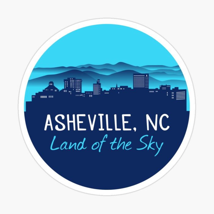 Asheville, North Carolina merchandise design with a cityscape against the Blue Ridge Mountains and Asheville's famous nickname"Land of the Sky." Asheville, North Carolina t-shirt design with hiker, mountains, birds, and trees.