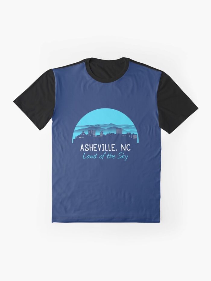 Asheville, North Carolina merchandise design with a cityscape against the Blue Ridge Mountains and Asheville's famous nickname"Land of the Sky." Asheville, North Carolina t-shirt design with hiker, mountains, birds, and trees.