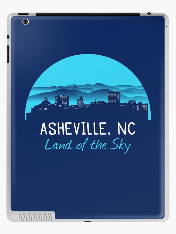 Asheville, North Carolina merchandise design with a cityscape against the Blue Ridge Mountains and Asheville's famous nickname"Land of the Sky." Asheville, North Carolina t-shirt design with hiker, mountains, birds, and trees.