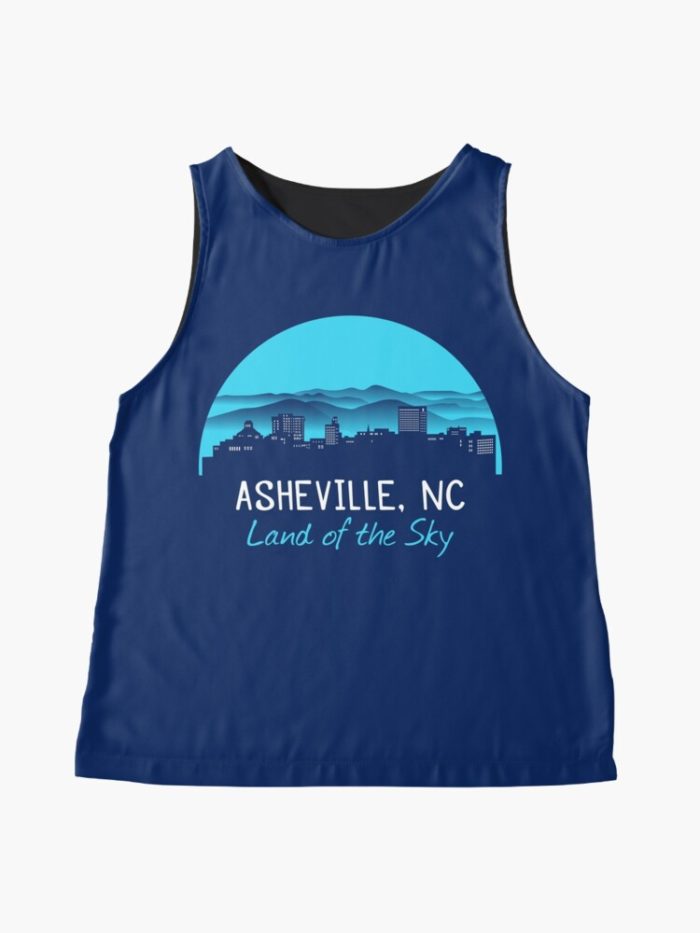 Asheville, North Carolina merchandise design with a cityscape against the Blue Ridge Mountains and Asheville's famous nickname"Land of the Sky." Asheville, North Carolina t-shirt design with hiker, mountains, birds, and trees.