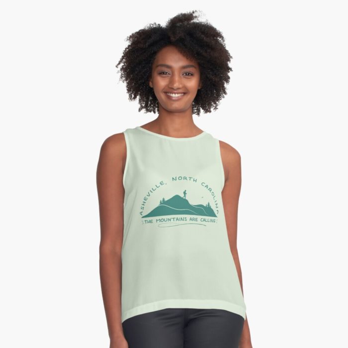 Asheville, North Carolina “the mountains are calling” merchandise design with hiker, mountains, birds, and trees.
