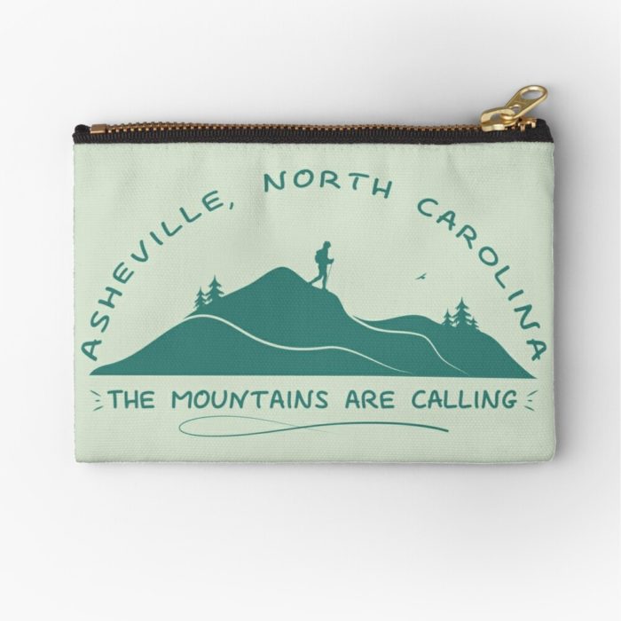 Asheville, North Carolina “the mountains are calling” merchandise design with hiker, mountains, birds, and trees.