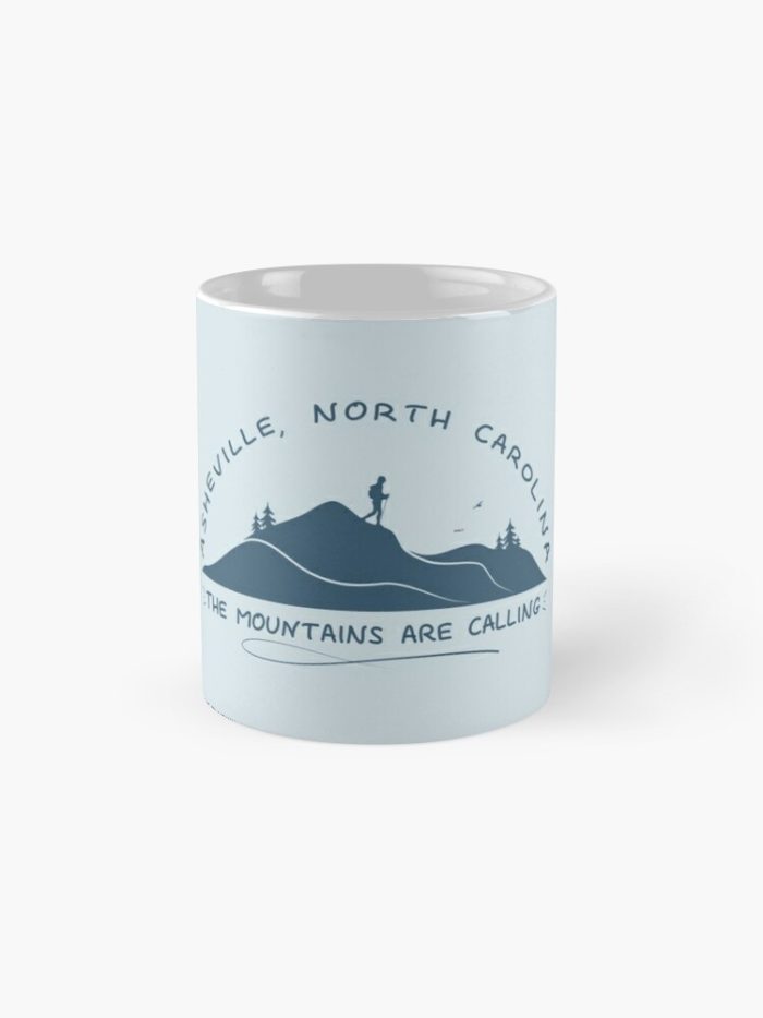 Asheville, North Carolina "the mountains are calling" design with hiker, mountains, birds, and trees.