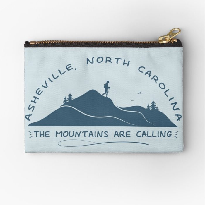 Asheville, North Carolina "the mountains are calling" design with hiker, mountains, birds, and trees.