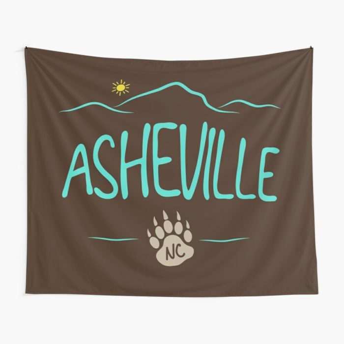 Asheville, NC design with mountains and a black bear paw print.