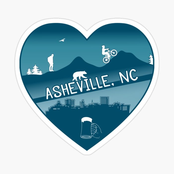 I love Asheville merchandise design including all the finest features that Asheville has to offer: mountain biking, hiking, mountains, city, urban life, beer, black bears, and more.