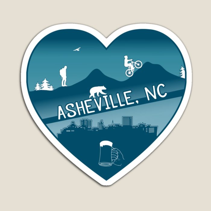 I love Asheville merchandise design including all the finest features that Asheville has to offer: mountain biking, hiking, mountains, city, urban life, beer, black bears, and more.