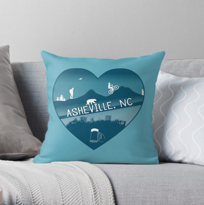 I love Asheville merchandise design including all the finest features that Asheville has to offer: mountain biking, hiking, mountains, city, urban life, beer, black bears, and more.