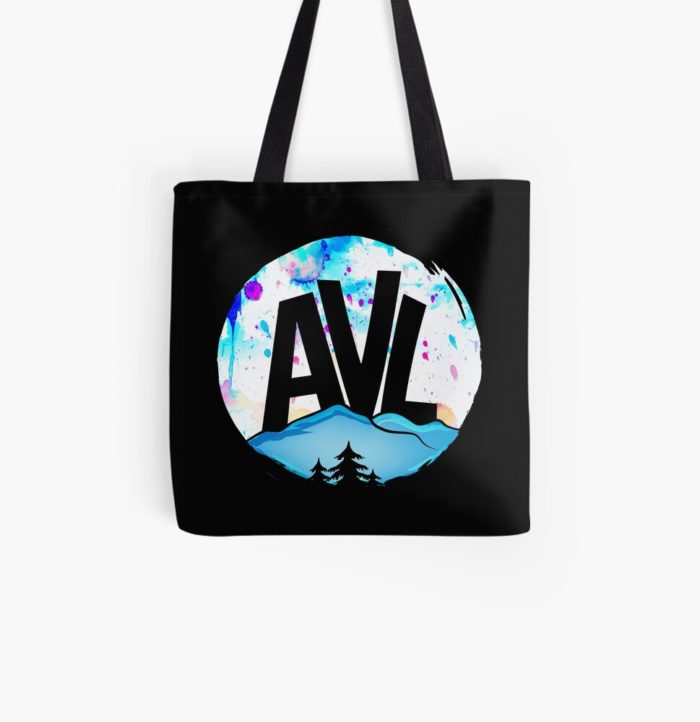 AVL (Asheville) merchandise design with mountains and trees.