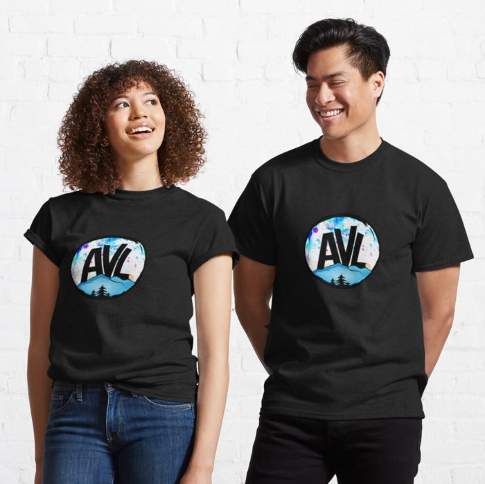 AVL (Asheville) merchandise design with mountains and trees.