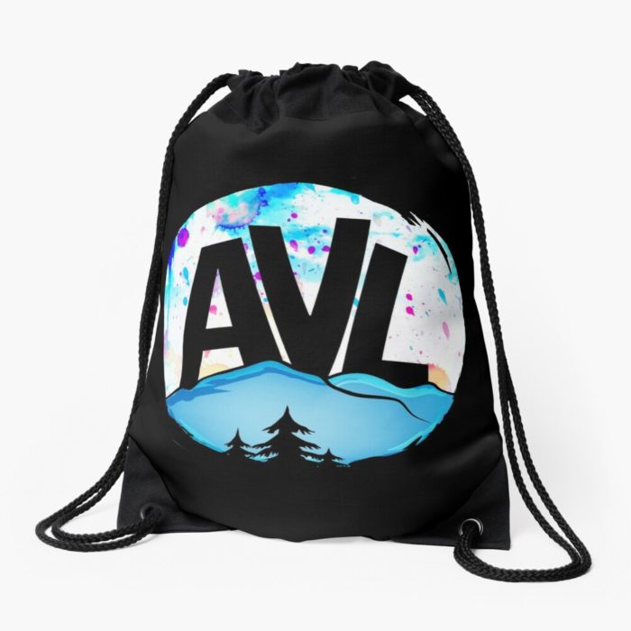 AVL (Asheville) merchandise design with mountains and trees.