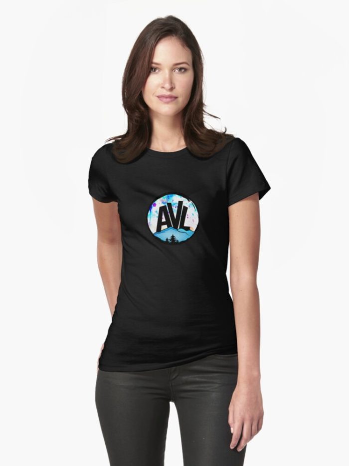 AVL (Asheville) merchandise design with mountains and trees.