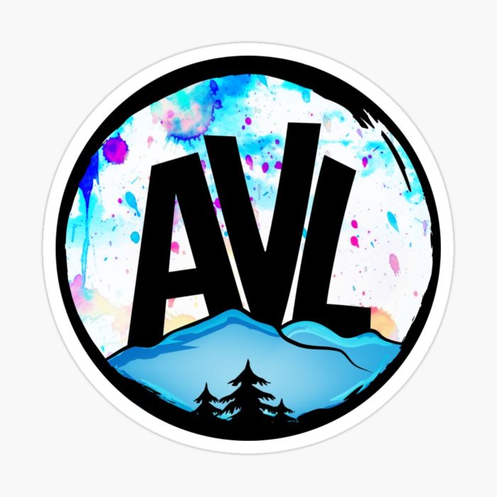 AVL (Asheville) merchandise design with mountains and trees.