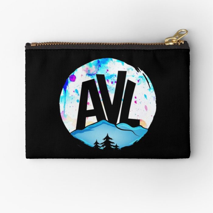 AVL (Asheville) merchandise design with mountains and trees.